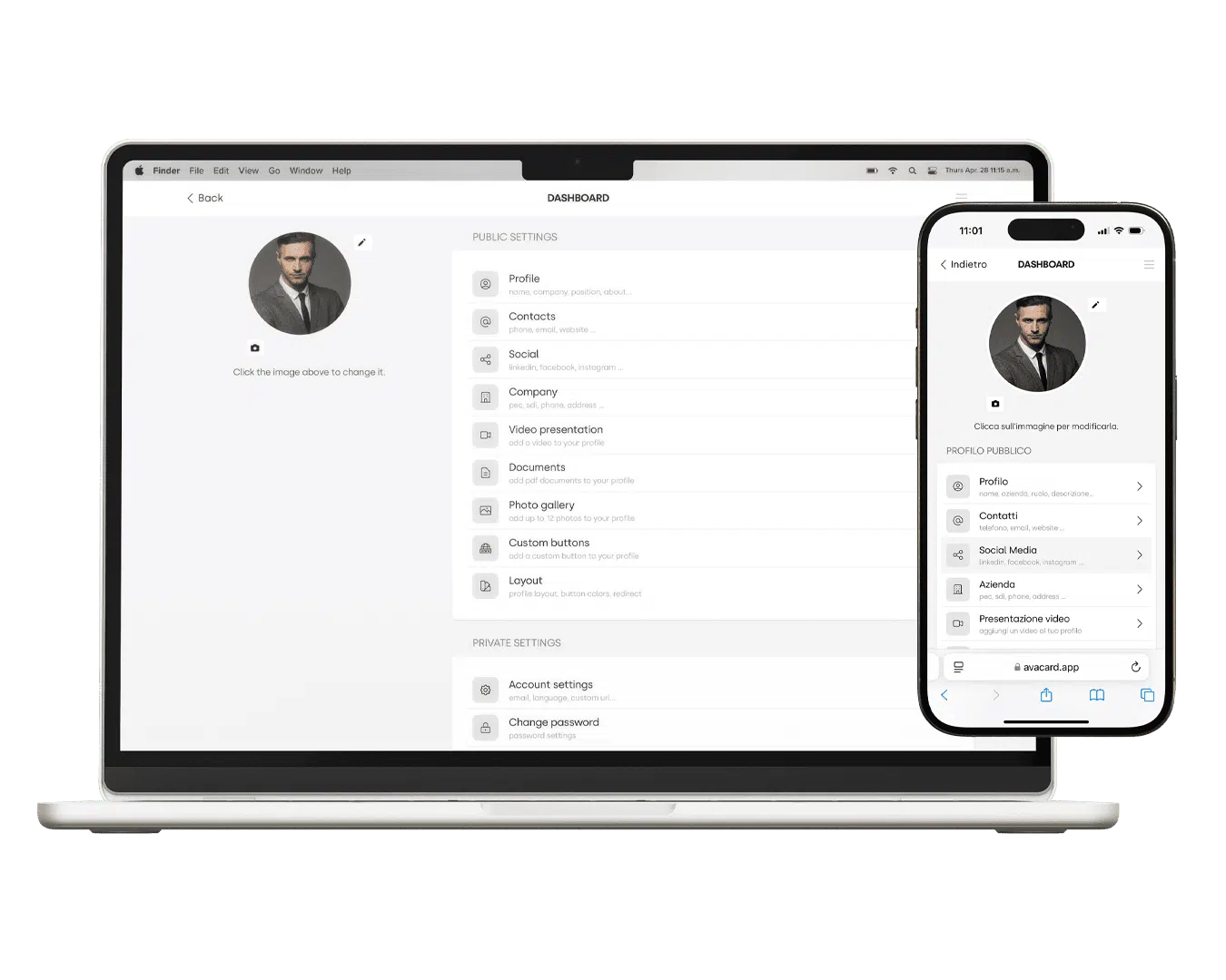 Gestione profilo Avacard